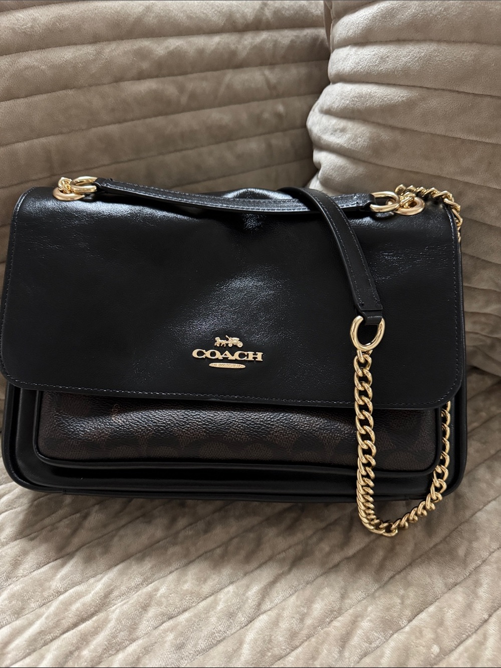 Coach Black Leather Shoulder Bag with Gold Chain